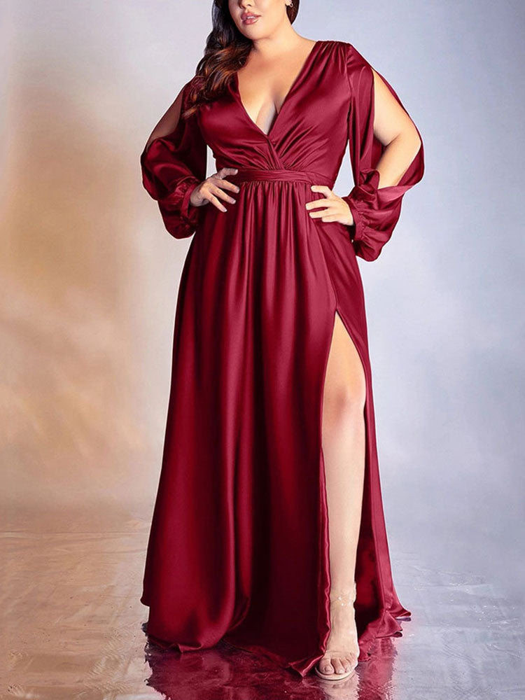 Solid Long Sleeve Slit Maxi Dress