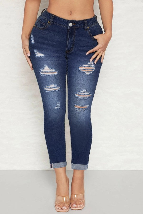 lovwvol  - Deep Blue Casual Solid Ripped High Waist Skinny Denim Jeans