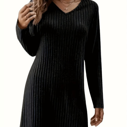 Long Sleeve Above Knee Loose Fit Ribbed Knit Dress - Classic Solid V Neck, Casual Style, Comfortable and Flattering - Womens Daily Wear Clothing