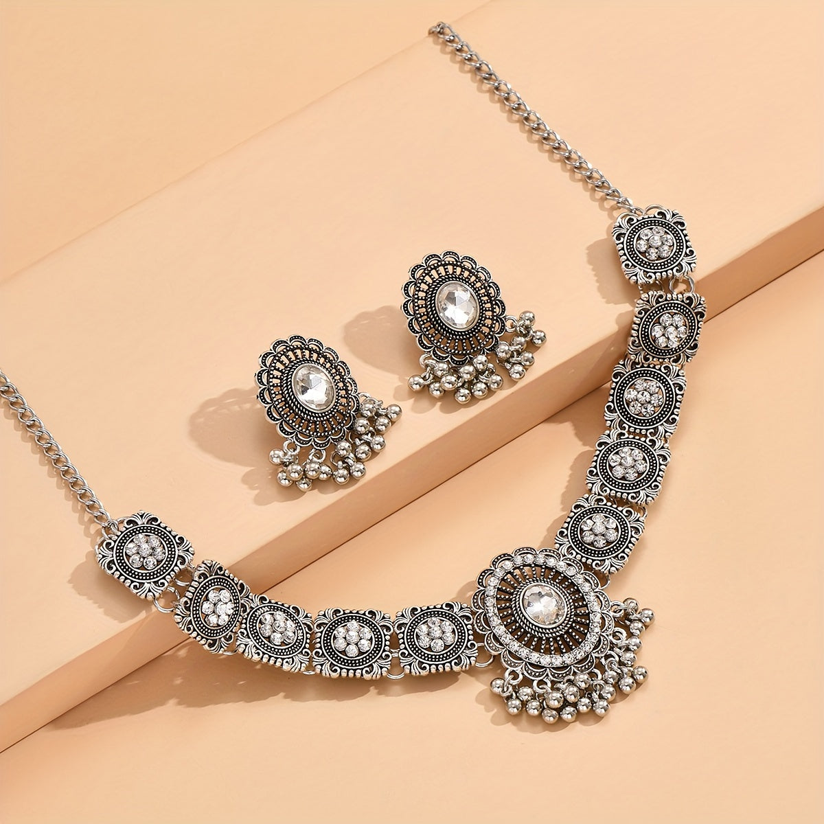 Elegant Vintage Jhumka Jewelry Set - Sparkling Stone-Paved Necklace & Earrings for Daily & Party Glamour