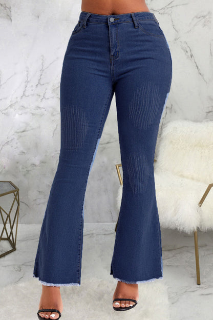 lovwvol  - Blue Casual Solid Patchwork High Waist Denim Jeans