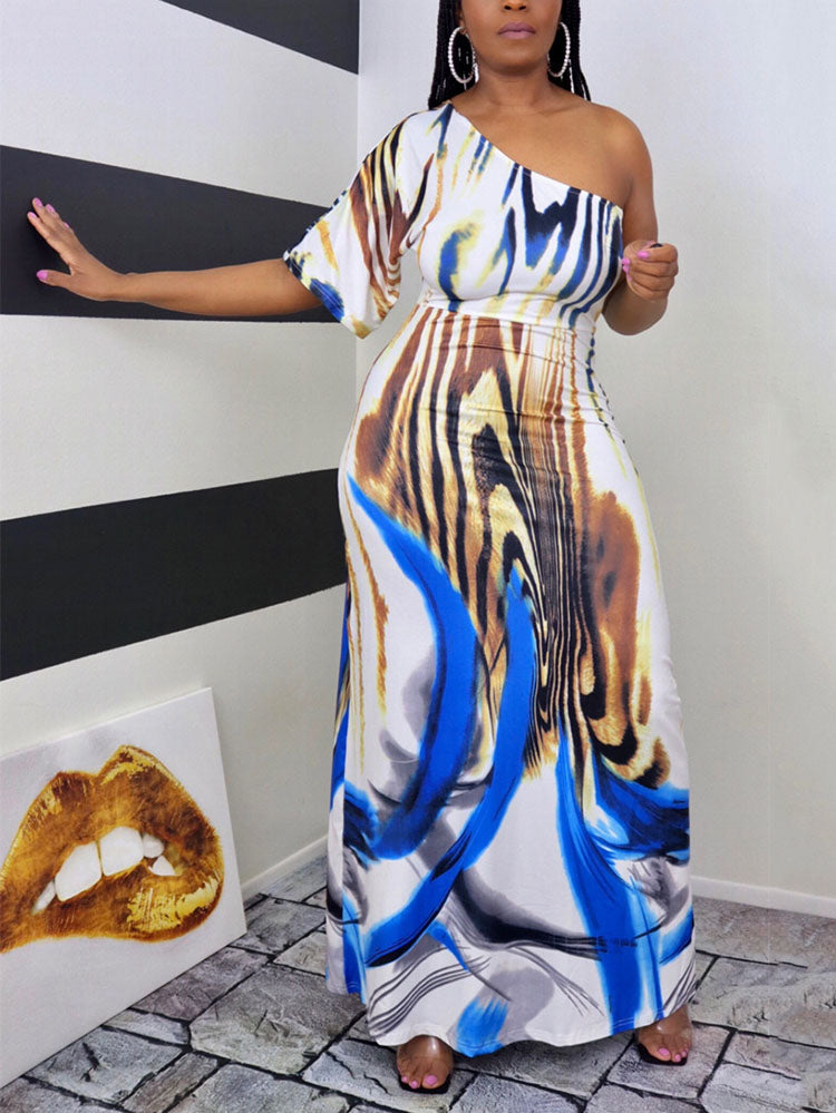 One Shoulder Print Maxi Dress