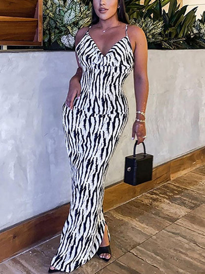 V Neck Zebra Print Halter Maxi Dress