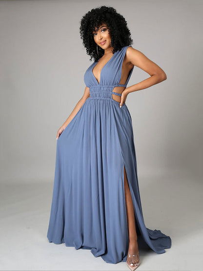 Sleeveless V Neck Slit Maxi Dress