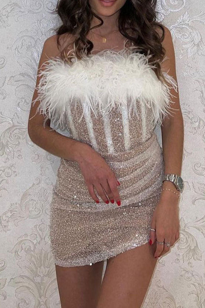 Sequined Girly Fluffy Mini Dress (Without Belt)