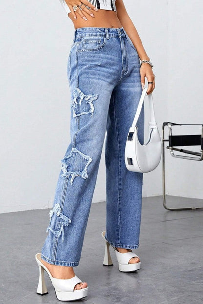 lovwvol  - Blue Casual Solid Patchwork High Waist Straight Denim Jeans