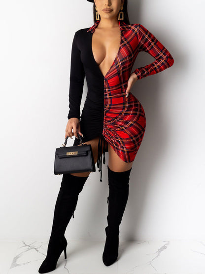 Plaid Drawstring Ruched Mini Dress