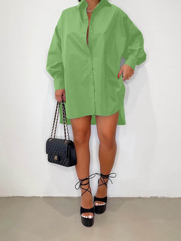 Solid Turndown Collar Shirt Dress