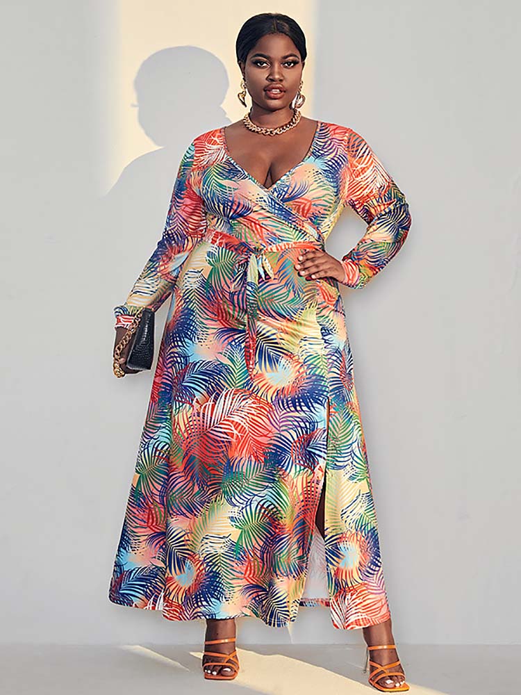 Palm Tree Printed Slit Maxi Dress