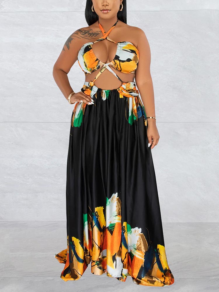 Print Halter Cut-out Maxi Dress