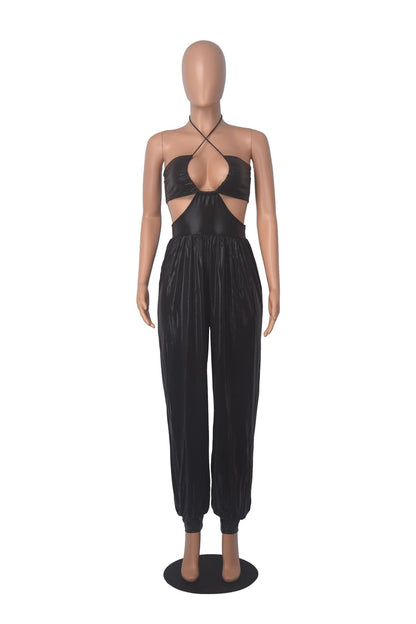 fashion sexy wrap chest hollow Low Back tie pu Jumpsuit for women