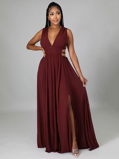 Sleeveless V Neck Slit Maxi Dress