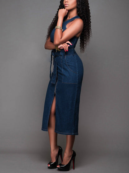 Slit Zipper Sleeveless Denim Dress