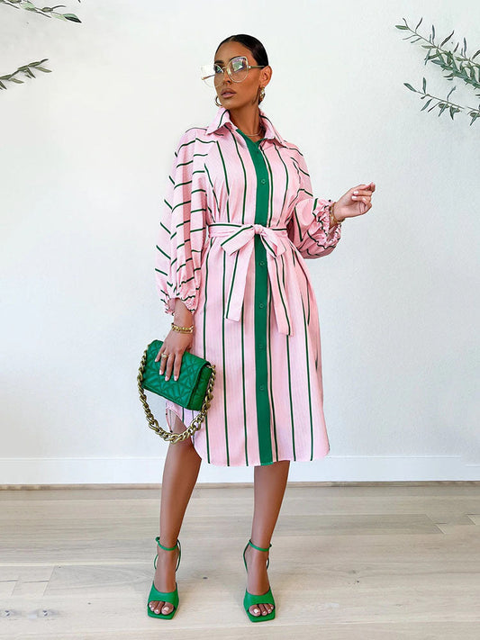 Striped Print Shirt Dress With Belt