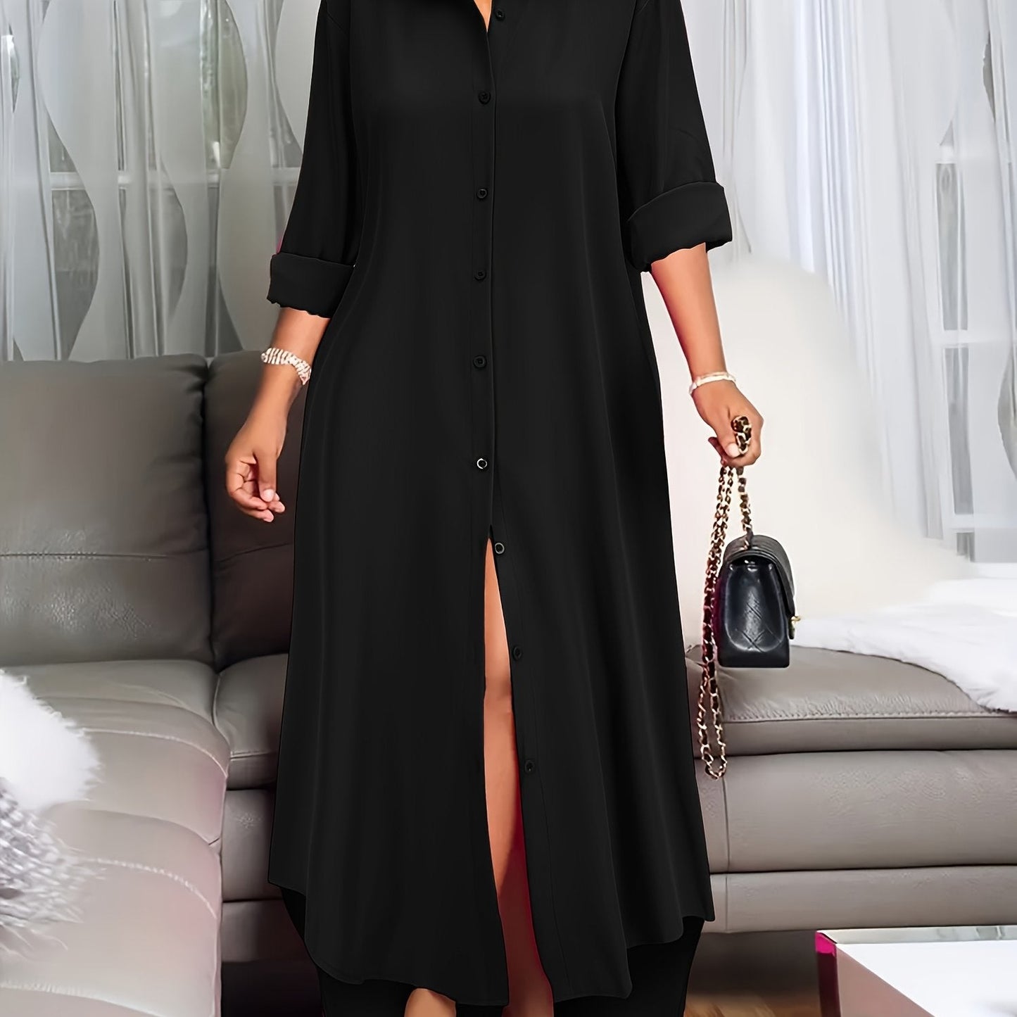 Stylish Button Front Shirt Dress - Soft, Breathable, Long Sleeve, Casual, Comfortable, Versatile, Easy to Wear - Perfect for Spring & Fall, Women's Everyday Clothing