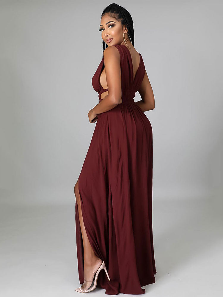 Sleeveless V Neck Slit Maxi Dress