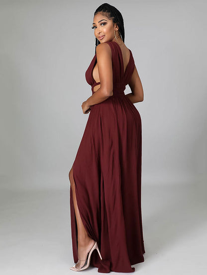 Sleeveless V Neck Slit Maxi Dress