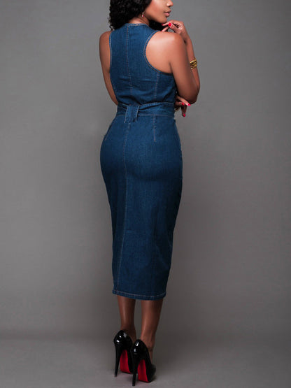 Slit Zipper Sleeveless Denim Dress