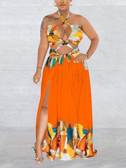 Print Halter Cut-out Maxi Dress