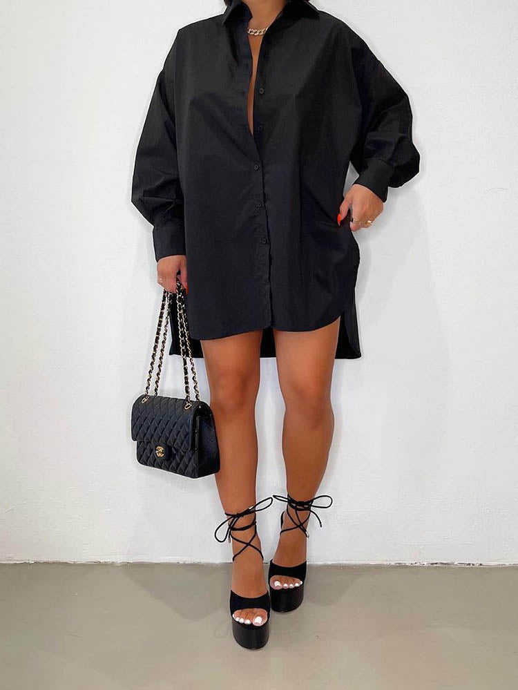 Solid Turndown Collar Shirt Dress