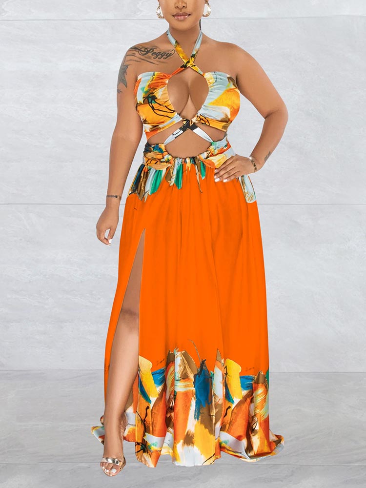 Print Halter Cut-out Maxi Dress