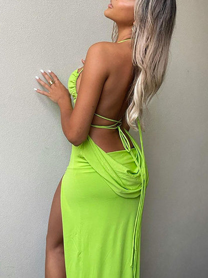 Solid Color Halter Slit Maxi Dress