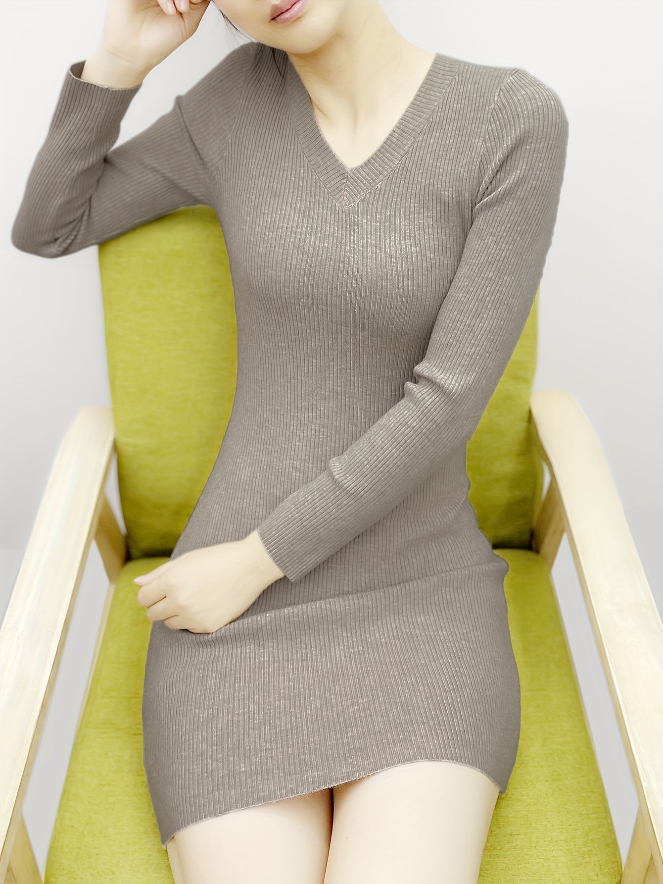 Cozy Solid Knit V-Neck Sweater Dress - Elegant Bodycon Dresses for Women - Long Sleeve, Fall & Winter Essential, Soft, Warm, and Comfortable Clothing