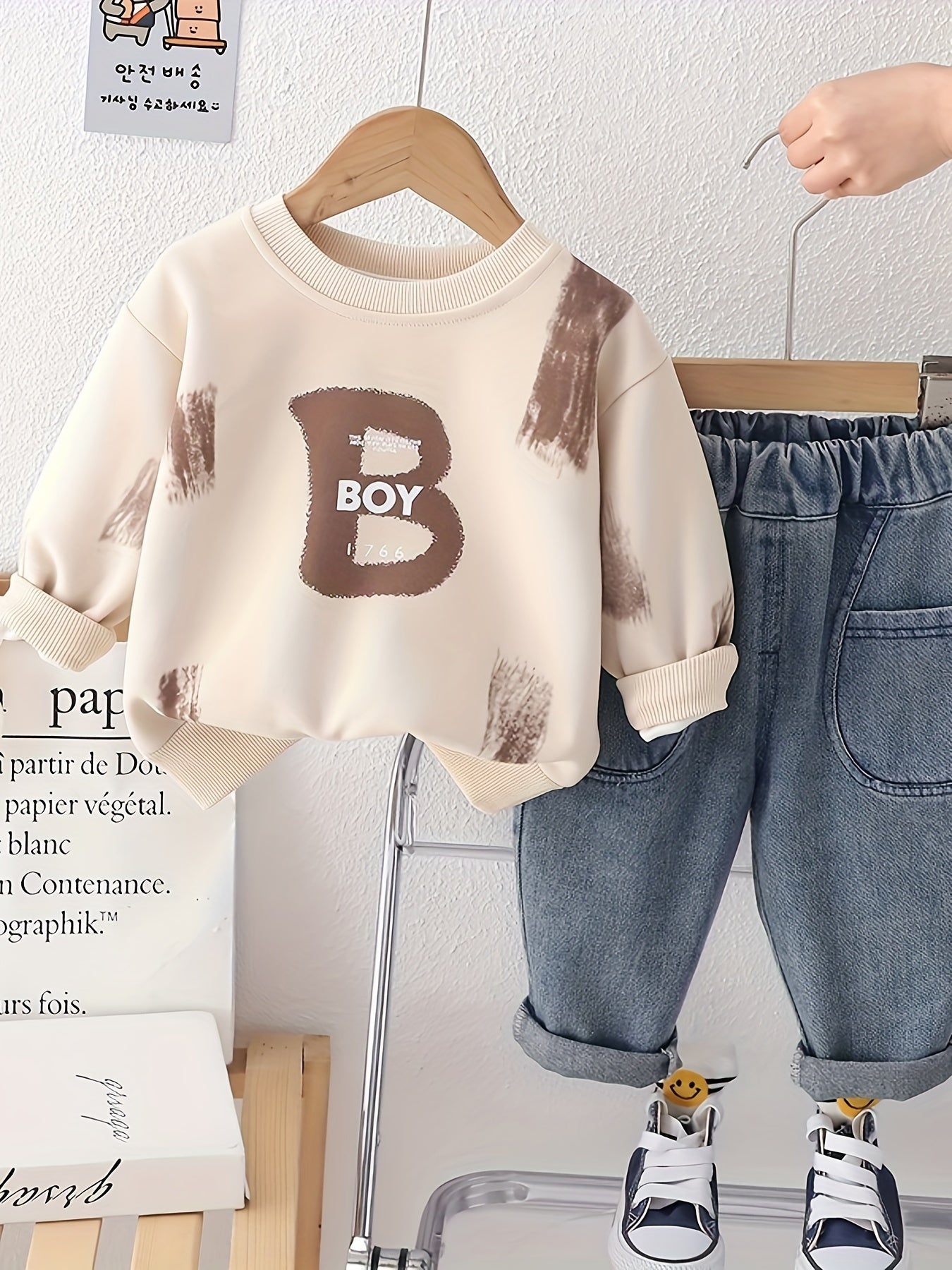 Boys' Cotton Blend Alphabet Print Sweatshirt and Denim Pants Layette Set – Casual Crew Neck Long Sleeve Top with Slight Stretch for Spring/Fall – Knit Fabric Outfit for Ages 12 and Under