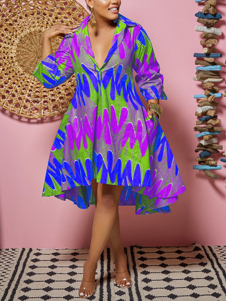 Printed A-Line Shirt Midi Dress