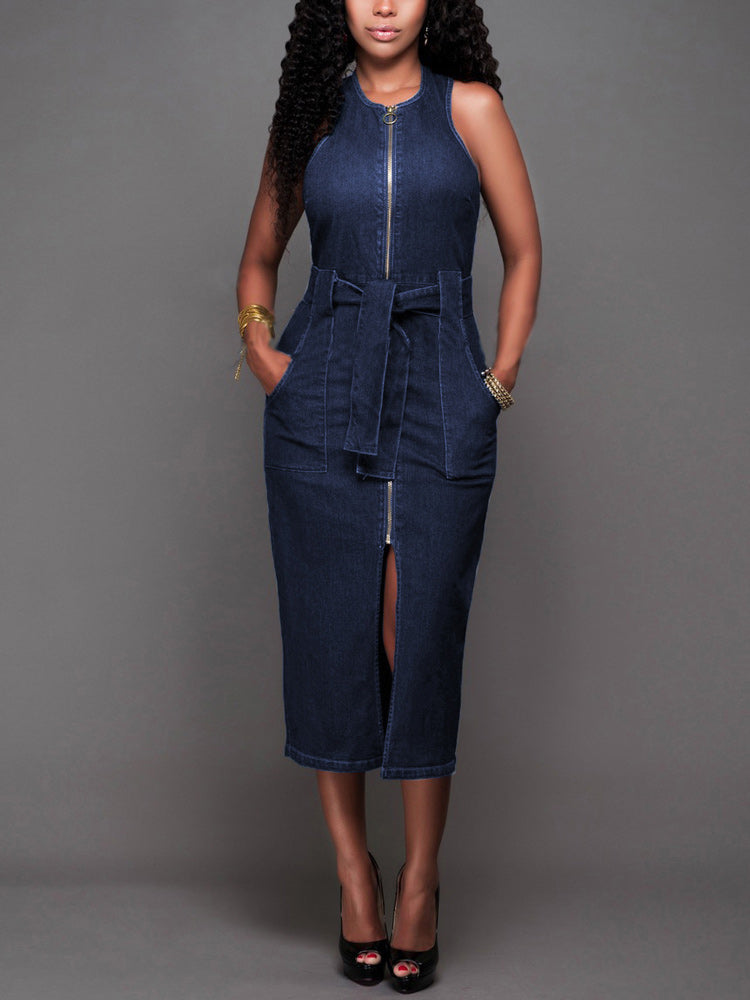 Slit Zipper Sleeveless Denim Dress