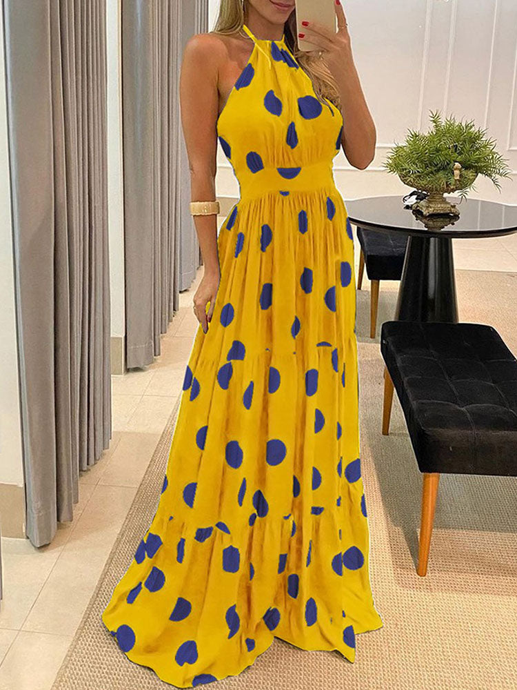 Print Halter Neck Backless Maxi Dress