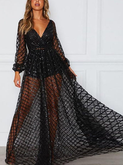 Sequins Mesh V Neck Maxi Dress