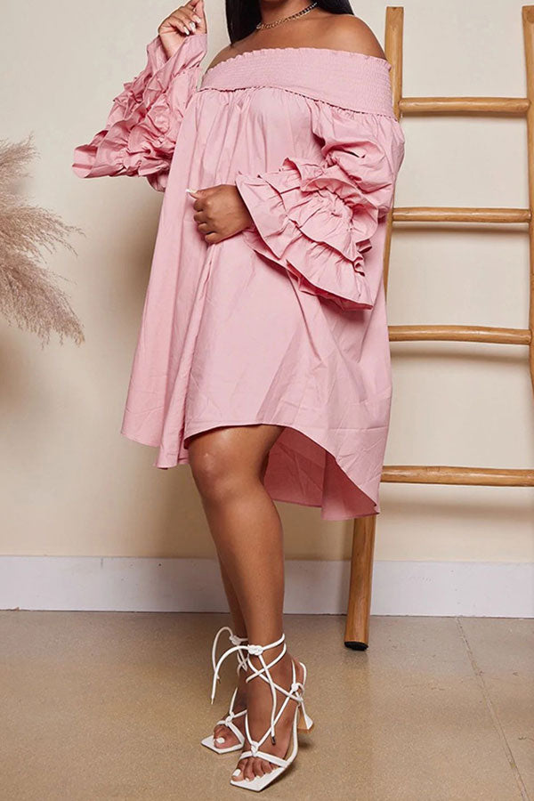 Solid Color Off Shoulder Sweet Swing Mini Dress