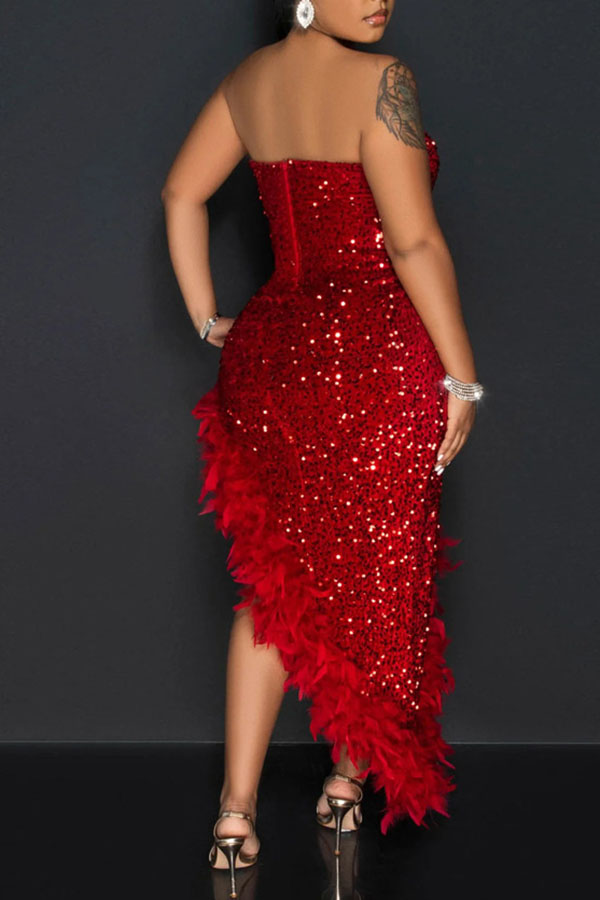 Sequined Sparkly Feather Trim High Split Maxi Dress