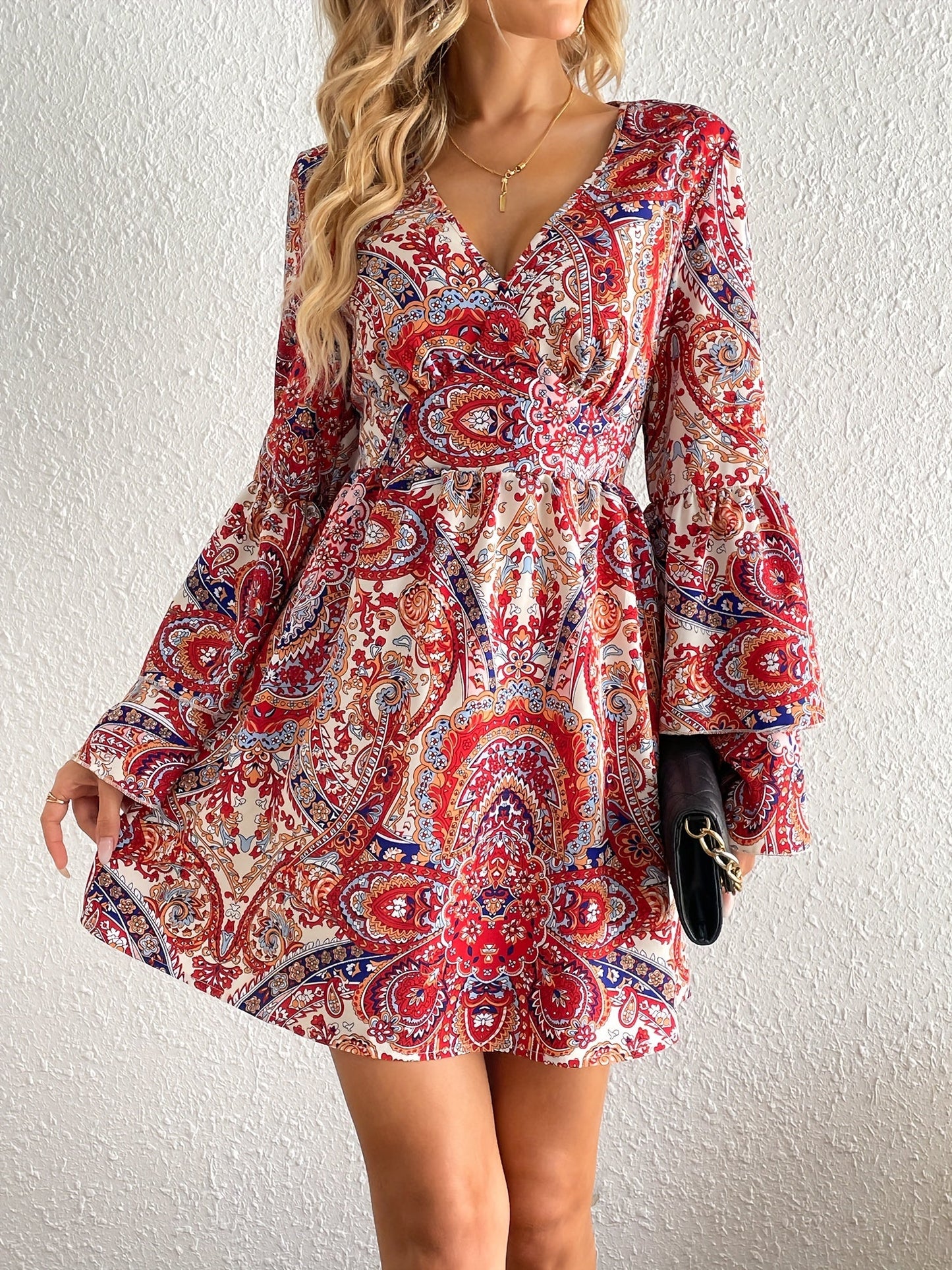 Boho-Inspired All-Season Midi Dress - Unique Floral Paisley, Durable & Easy-Care, Perfect for Every Occasion