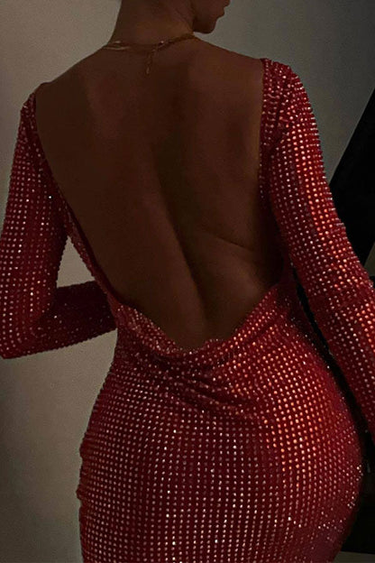 Solid Color Rhinestone Sparkly Backless Mini Dress