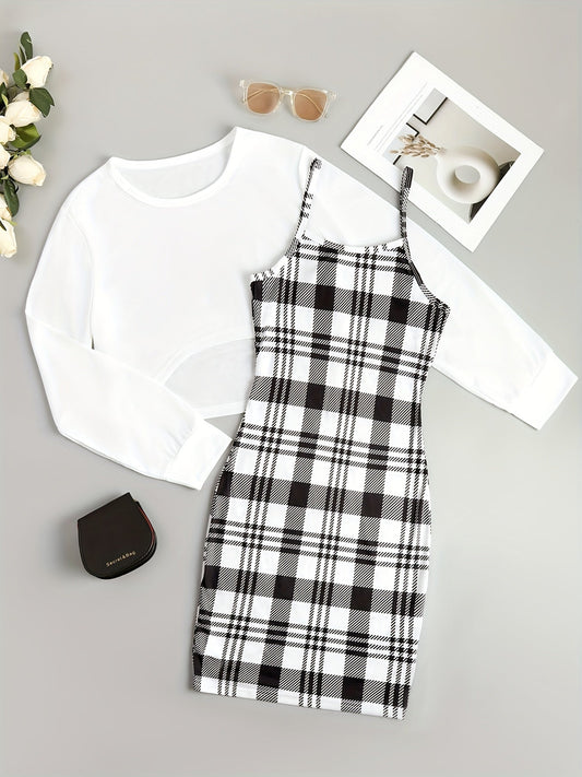 Chic Womens Two-Piece Dress Set - Fashionable Asymmetrical Hem Crop Top & Plaid Cami Dress Outfit - Flattering Long Sleeves, Versatile Casual Wear for Multiple Occasions - Premium Quality