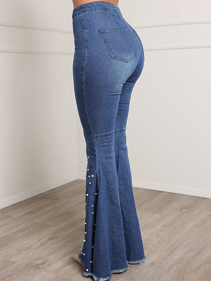 lovwvol  - Blue Casual Buckle Beading Mid Waist Regular Denim Jeans