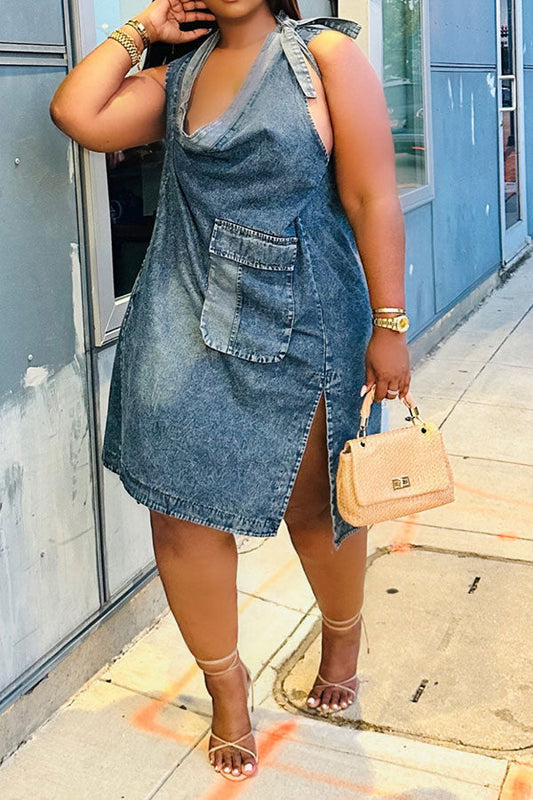 Patchwork Urban Lace-Up Denim Midi Dress