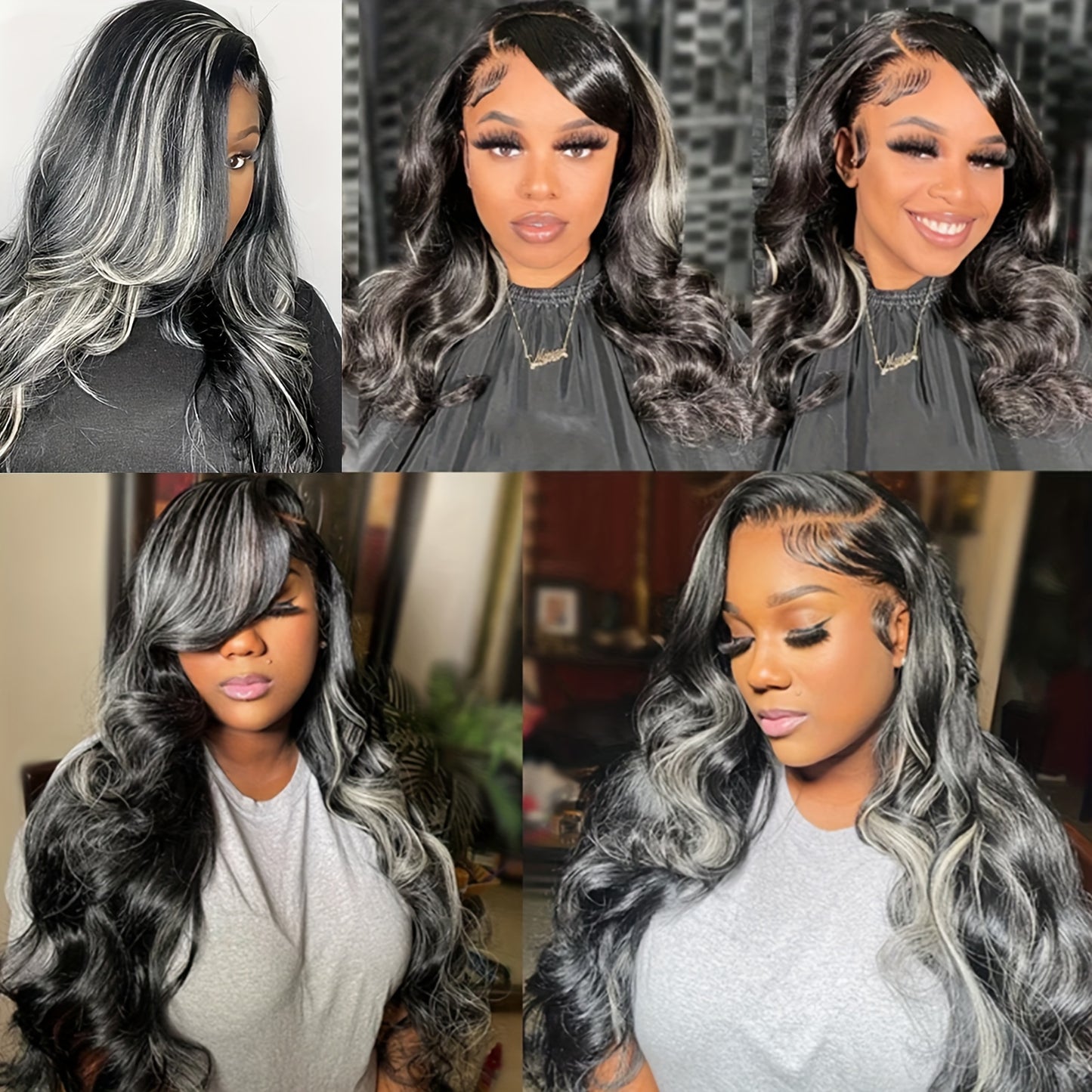 13x4 Lace Frontal Wig - Highlight Grey and Black Colored, Pre-Plucked, Glueless, Long Wavy, Half Body Wave Synthetic Hair for Black Women - Premium Quality, Natural Looking, Easy to Style