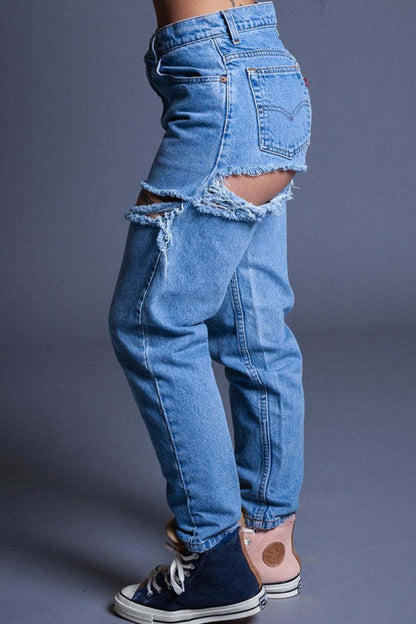 lovwvol  - Blue Casual Solid Ripped High Waist Regular Denim Jeans