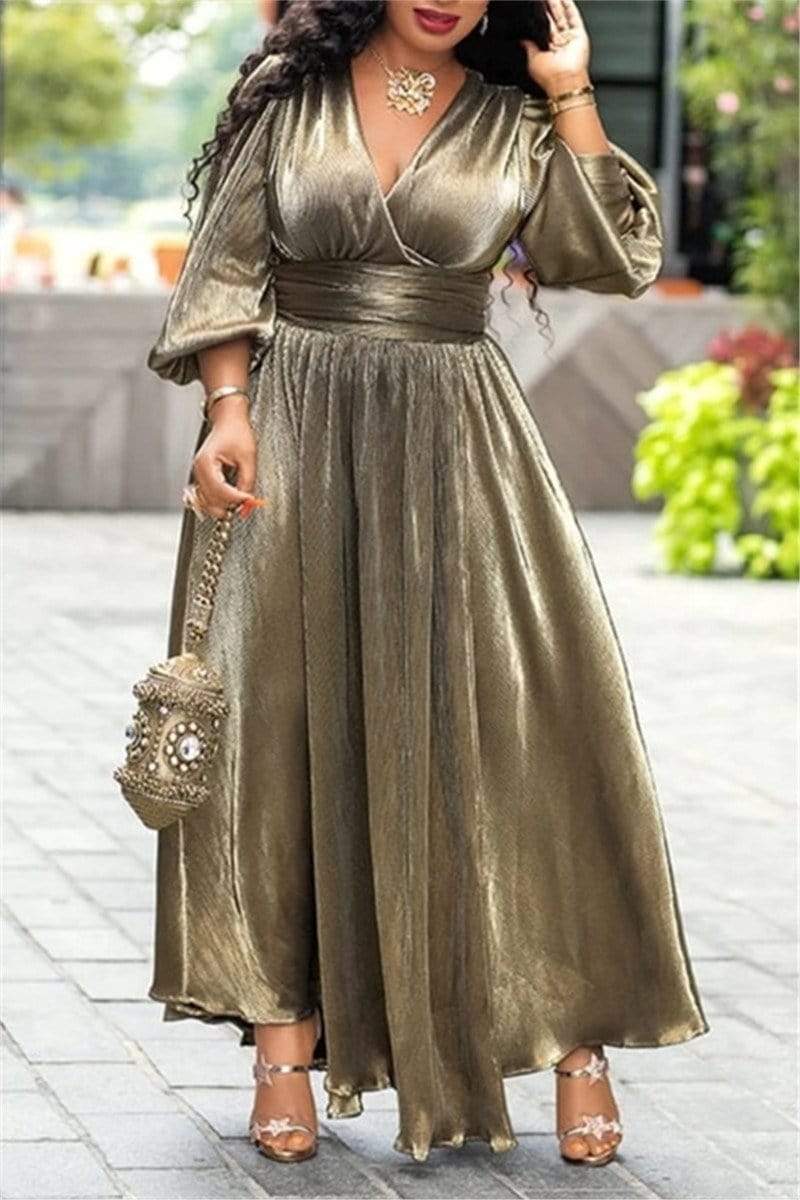 V Neck Solid Color Slit Maxi Dress