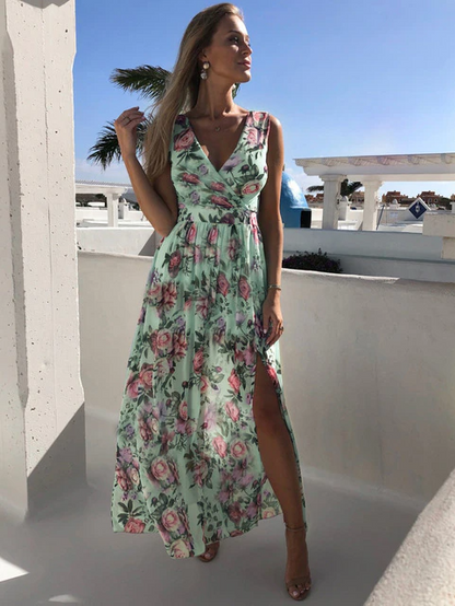 lovwvol Summer Chiffon Long Dress Women Elegant Ladies Fashion Print Boho Beach Midi Dresses For Woman Sexy Split Maxi Vestidos