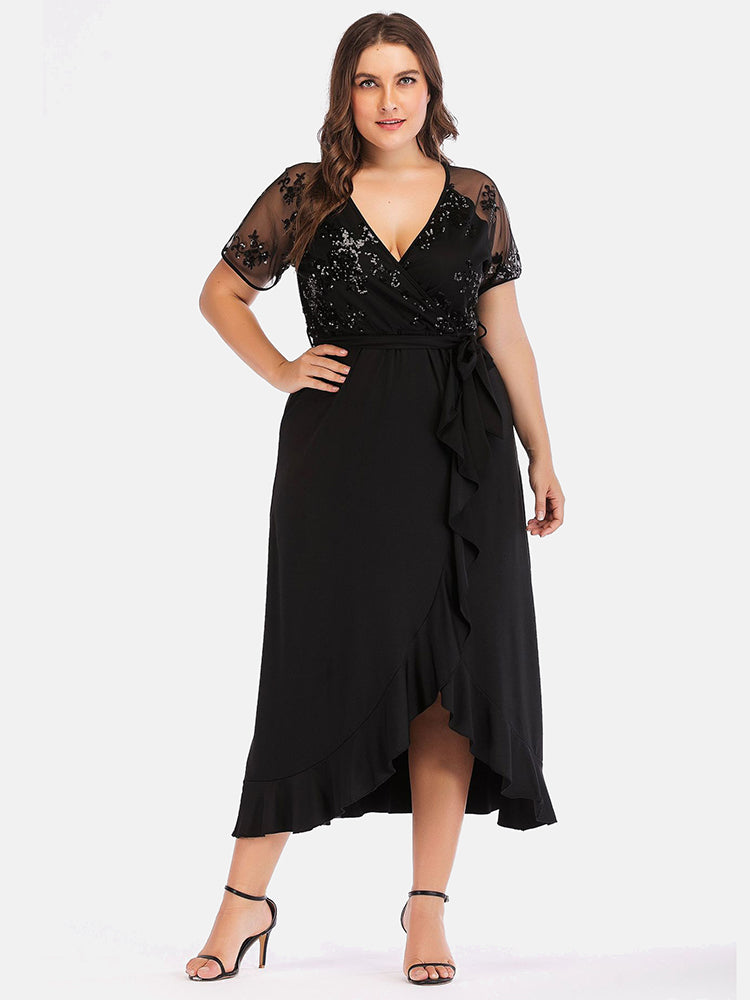 V Neck Ruffle Belted Maxi Dress