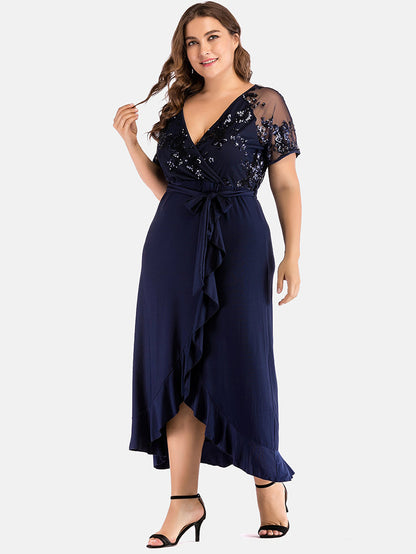 V Neck Ruffle Belted Maxi Dress