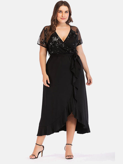 V Neck Ruffle Belted Maxi Dress