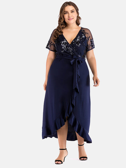 V Neck Ruffle Belted Maxi Dress