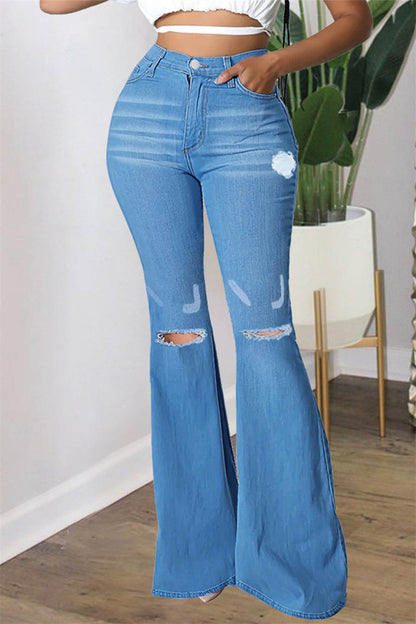 lovwvol  - Black Fashion Casual Solid Ripped High Waist Regular Denim Jeans