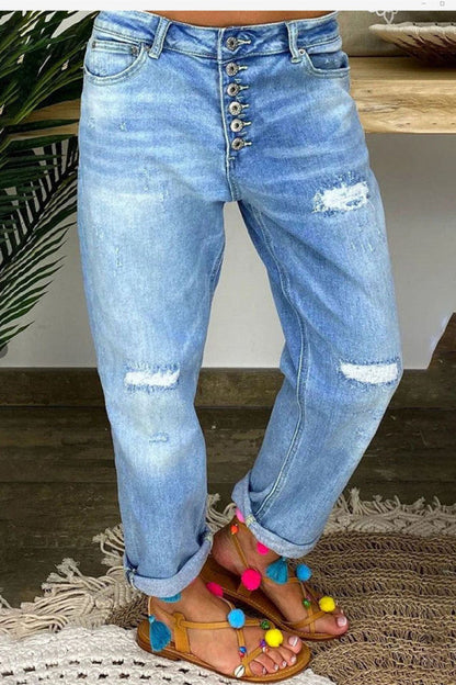 lovwvol  - Baby Blue Fashion Casual Solid Ripped Patchwork Buckle High Waist Regular Denim Jeans