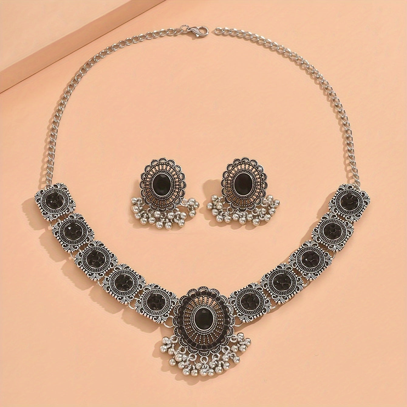 Elegant Vintage Jhumka Jewelry Set - Sparkling Stone-Paved Necklace & Earrings for Daily & Party Glamour